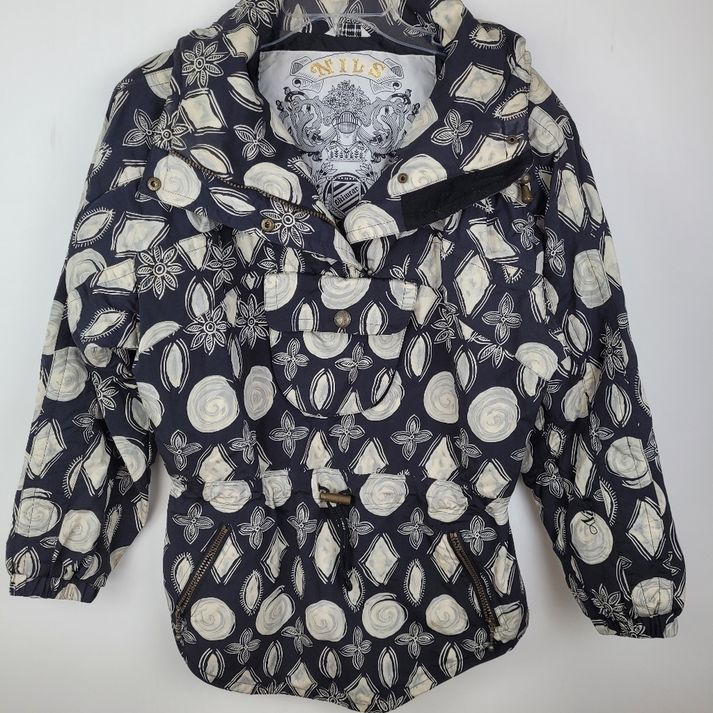 VTG NILS Ski Jacket Size 6 Hood Floral Pattern Black White Snowboard Winter Coat